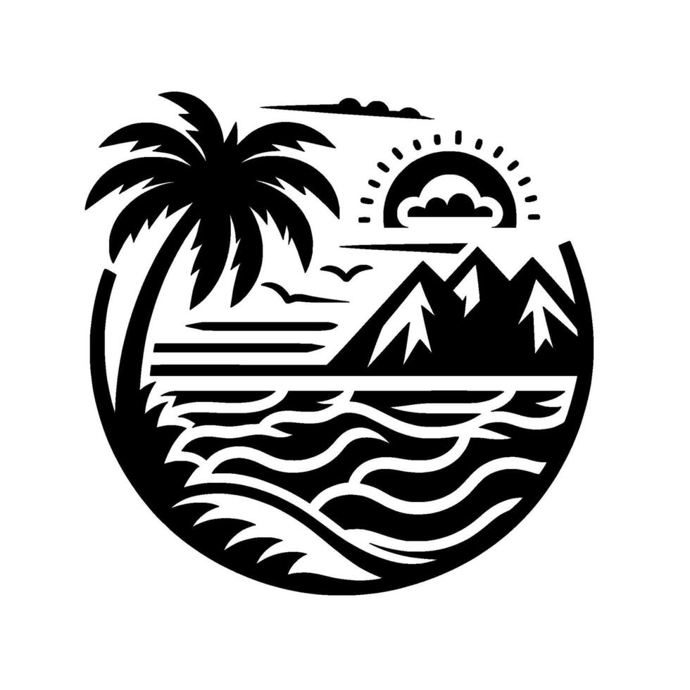 Black and White Circular Silhouette of a Tropical Island Paradise Palm Tree, Sunset, Mountains, and Ocean Waves. vector