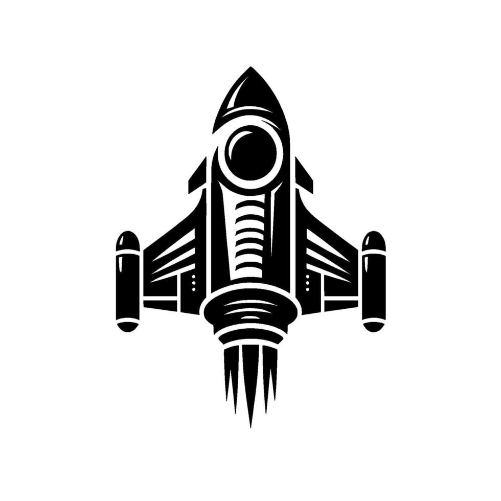 Sleek, minimalist black and white rocket ship illustration, showcasing geometric , propulsion trails, and a retro futuristic aesthetic. vector