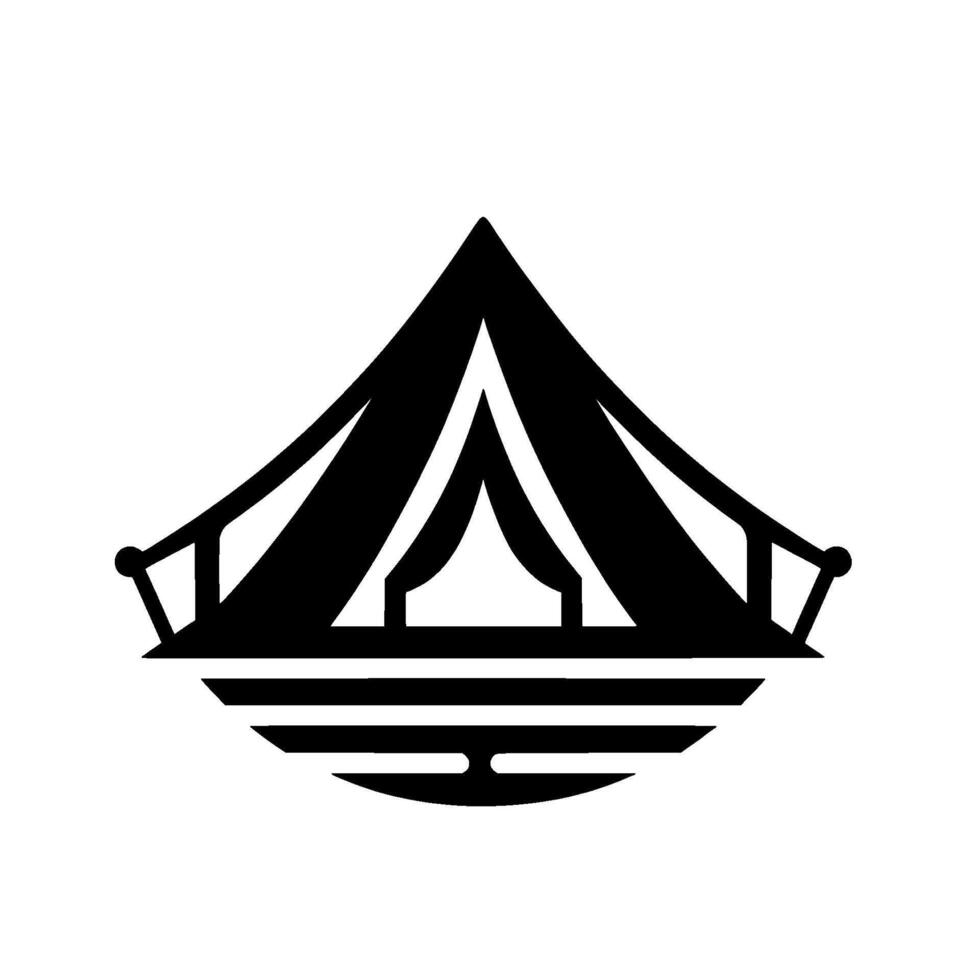 Stylized Black and White Illustration of a Camping Tent over a Simplified Earth Silhouette Against White Background. vector