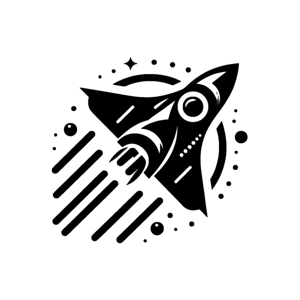 A stylized black and white illustration of a rocket ship blasting off, surrounded by stars and space particles, with speed lines suggesting upward motion. vector
