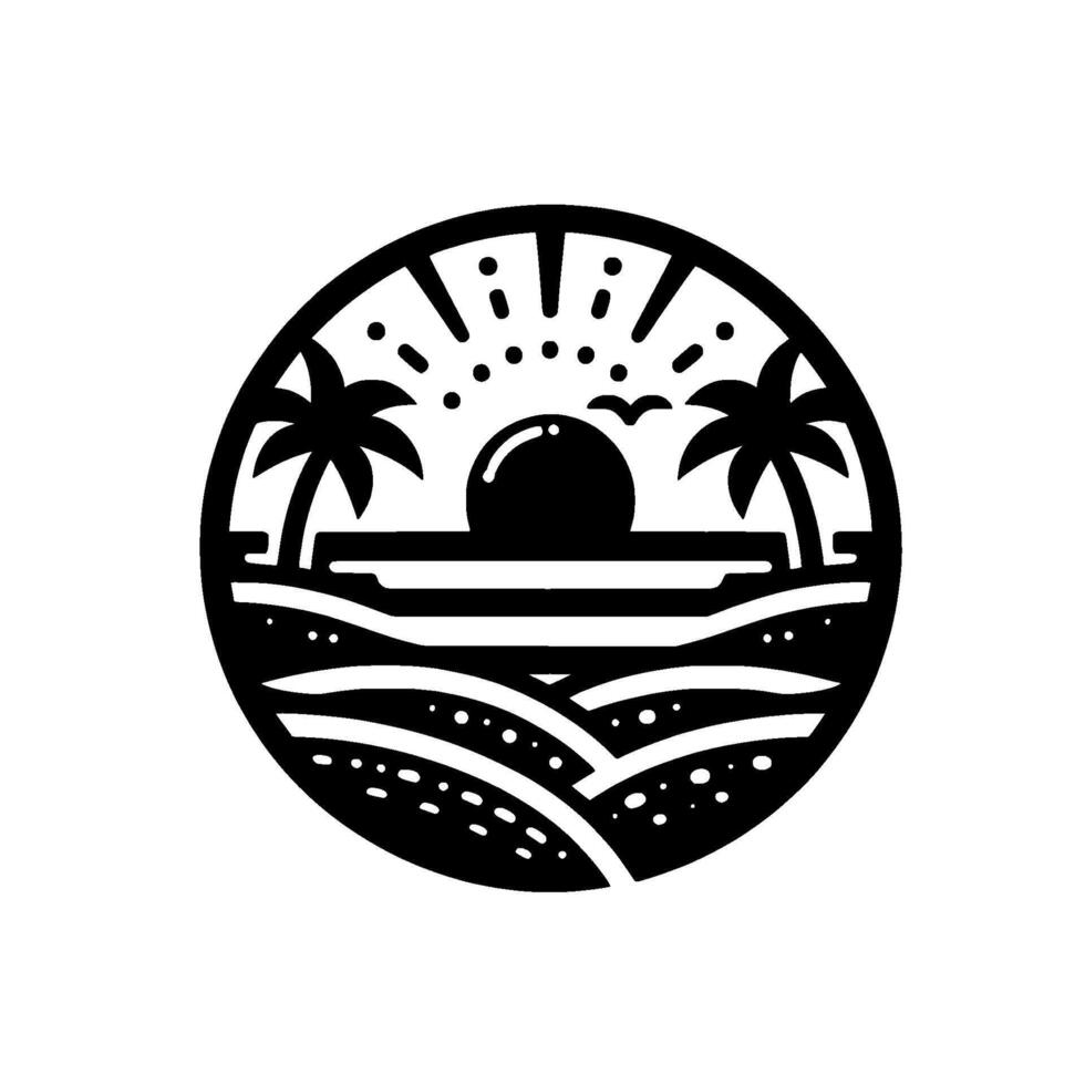 A Circular Black and White Silhouette of a Tropical Beach Scene at Sunset, Featuring Palm Trees, Waves, and Birds. vector