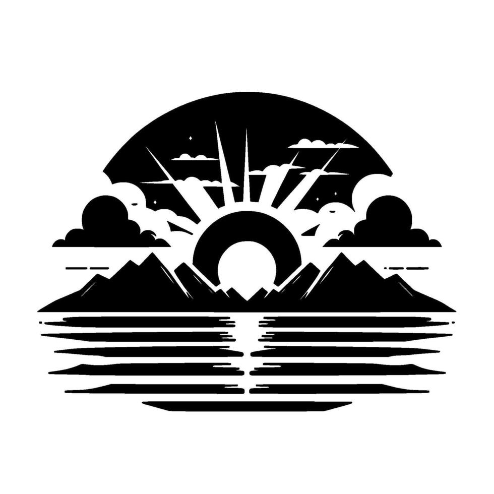 Black and white minimalist landscape with stylized sun rising over mountains, reflecting in water, and a cloudy sky, creating a serene, geometric illustration. vector