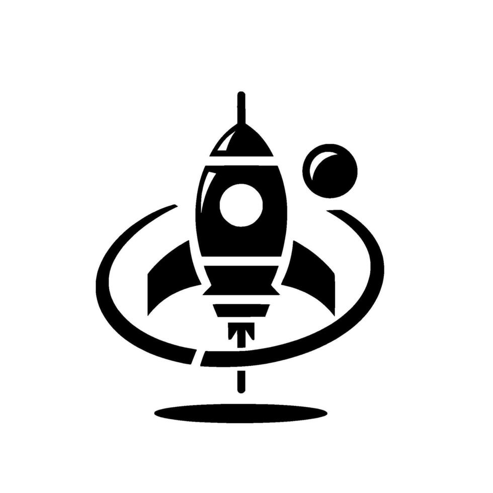 Black and White Minimalist Rocket Ship with Orbiting Sphere, on White Background, Conceptual Illustration for Space Travel, Exploration, and Adventure. vector