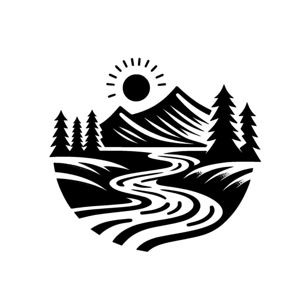 Black and White Nature Stylized River Flowing Through Mountains, Trees, and Sun in a Circular . vector