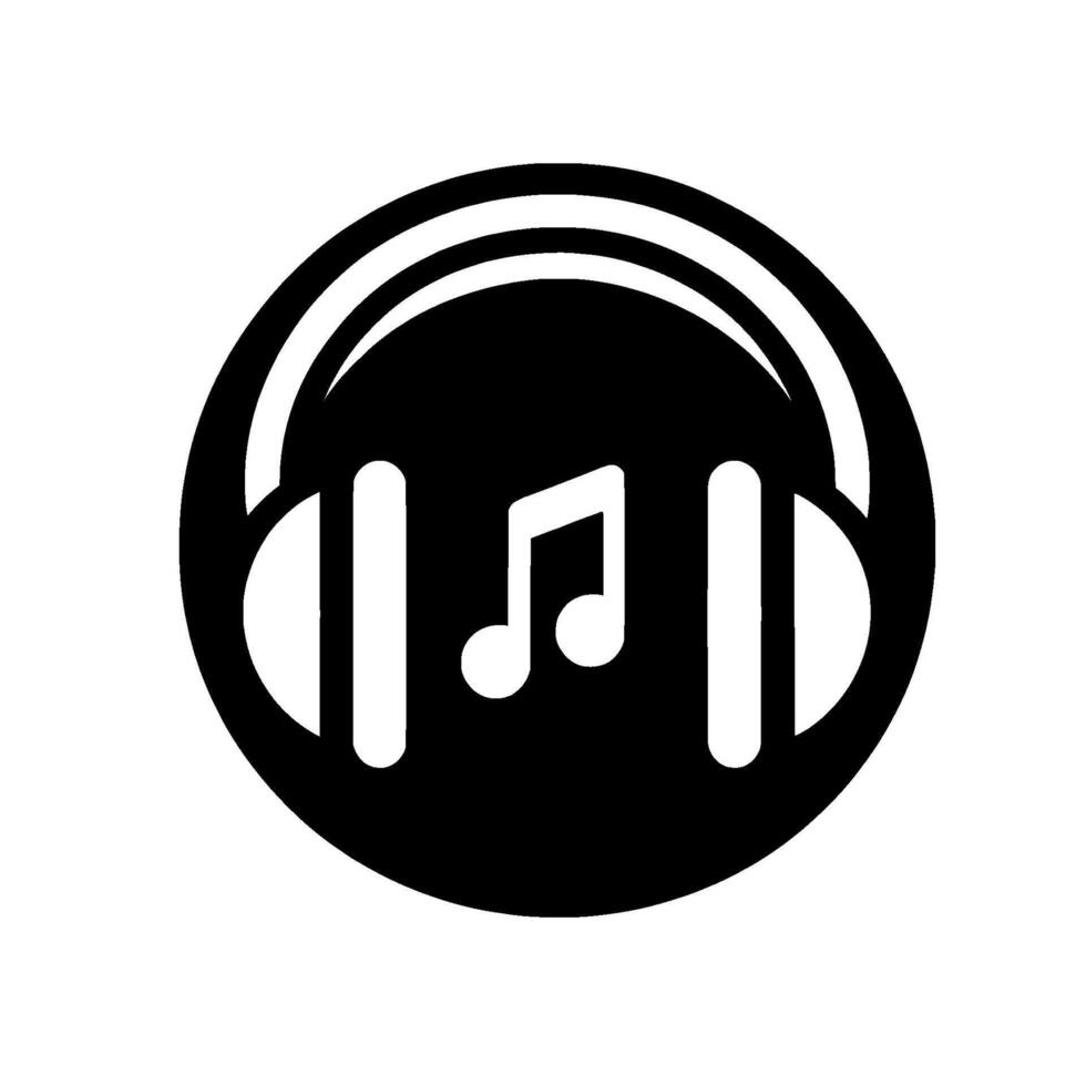 Minimalist Black and White Illustration of Headphones and a Musical Note within a Circle, Depicting Audio and Music. vector