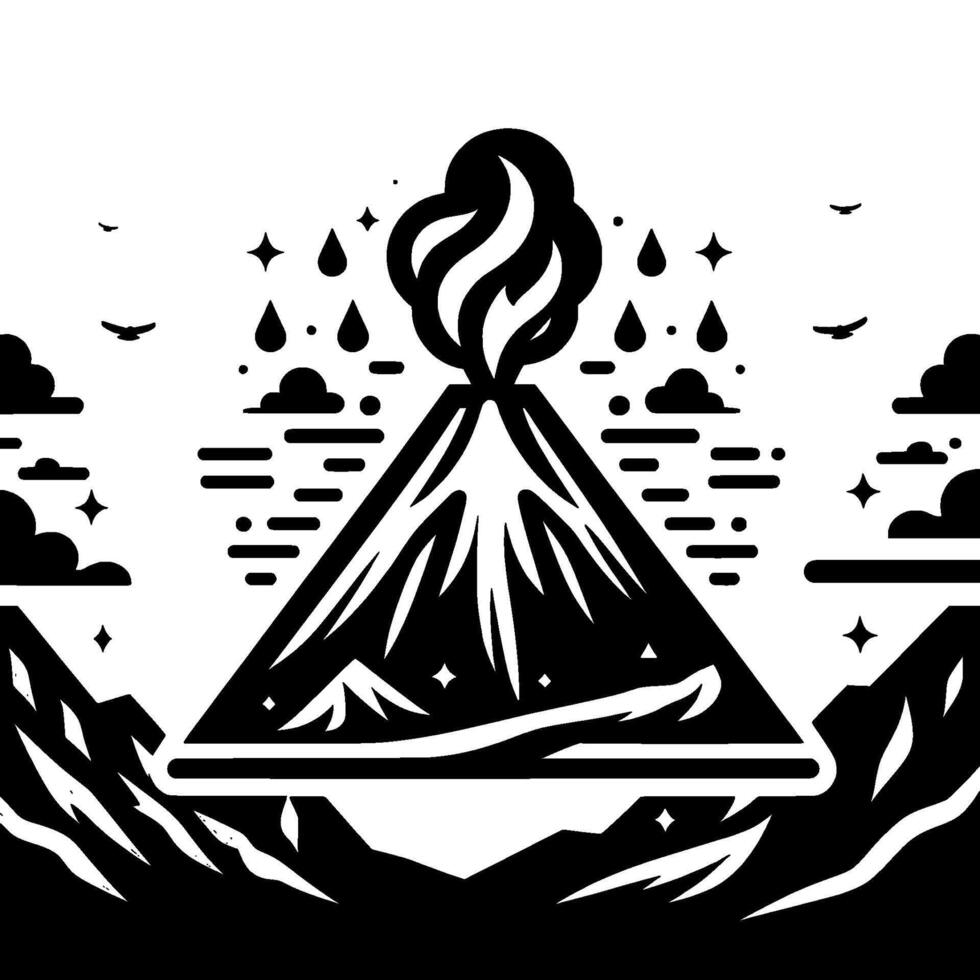 Monochromatic volcano illustration featuring an erupting peak, smoke, stylized mountains, falling water drops, clouds, stars, and birds in flight. vector