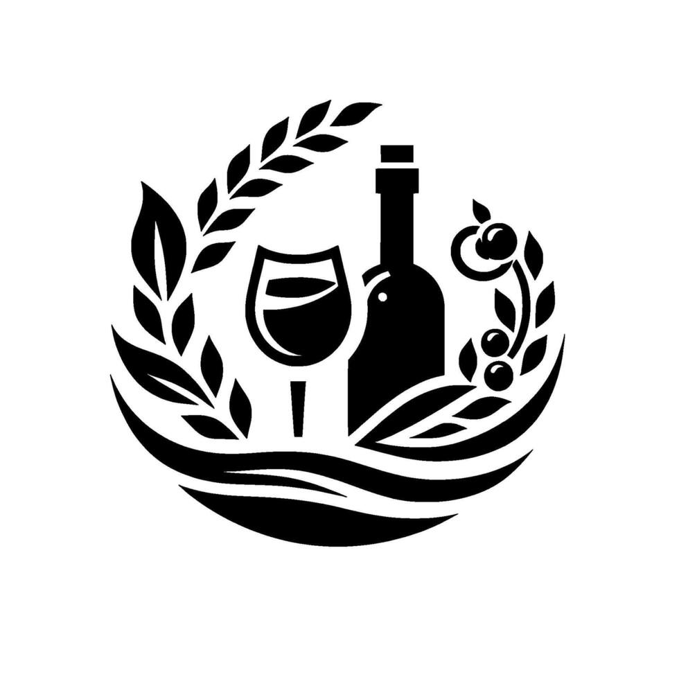 Elegant Black White Wine Emblem Bottle, Glass, and VineEncircled within a Circular Composition, Evoking Sophistication. vector