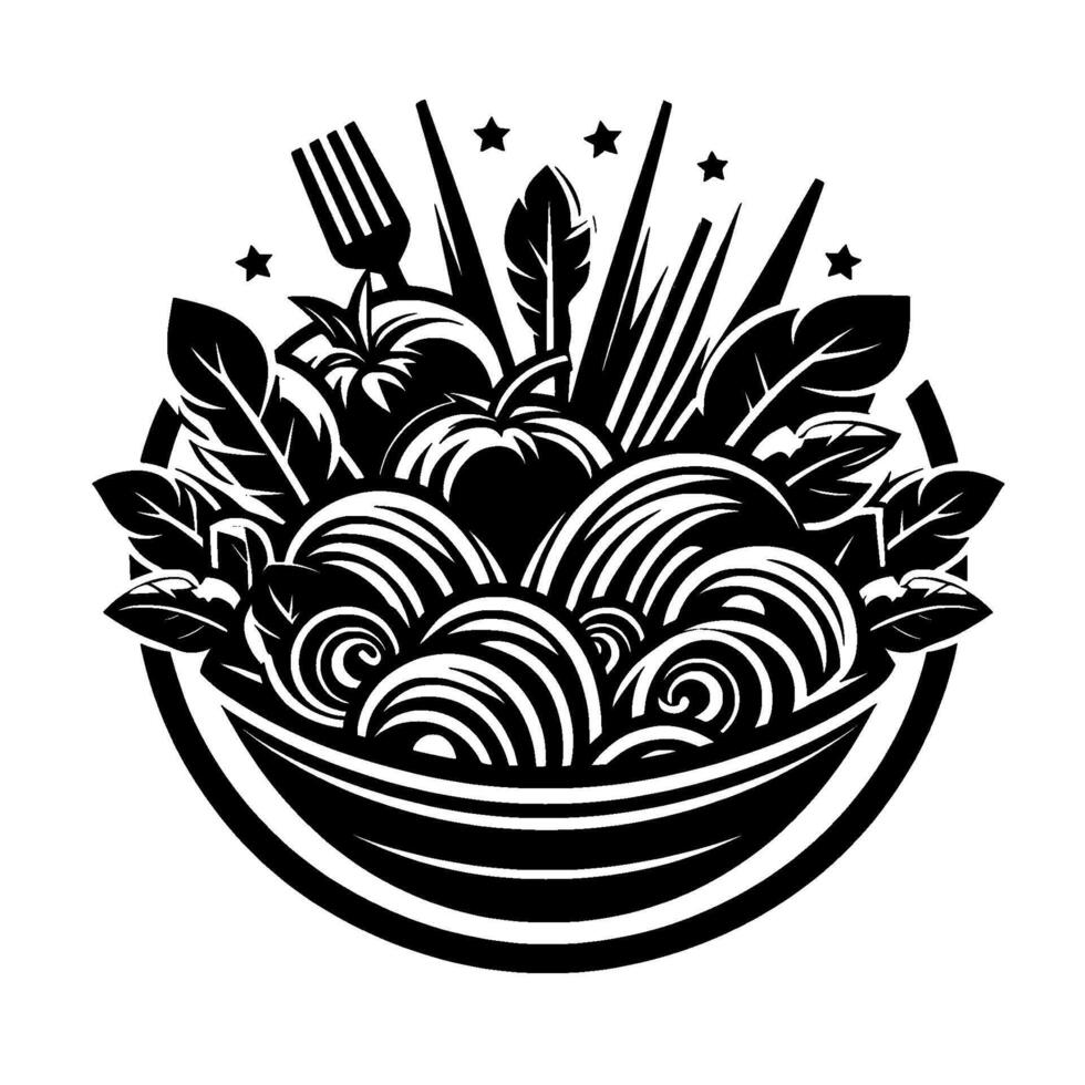 Black and White Bowl of Whimsical Pasta Vegetables Adorned with Stars Foliage, Minimalist . vector