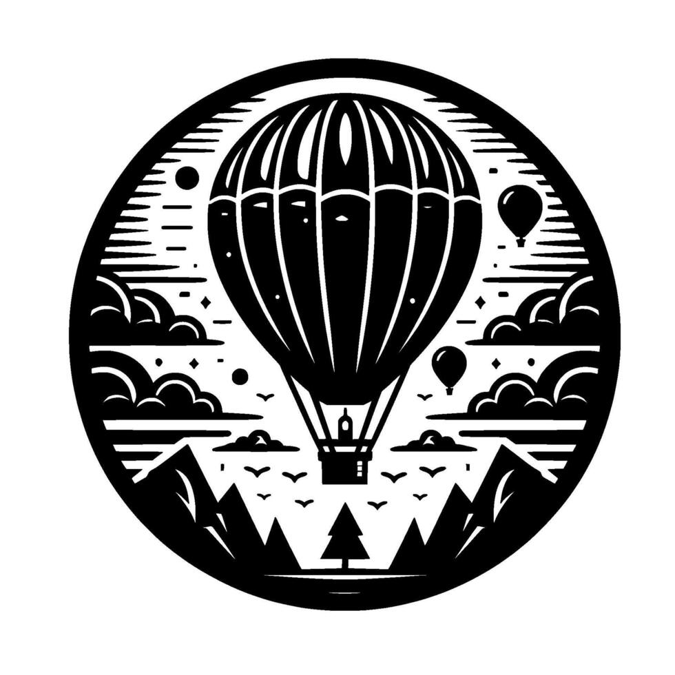 Black and white circular emblem featuring a hot air balloon soaring over mountains, clouds, and a forest scene. vector