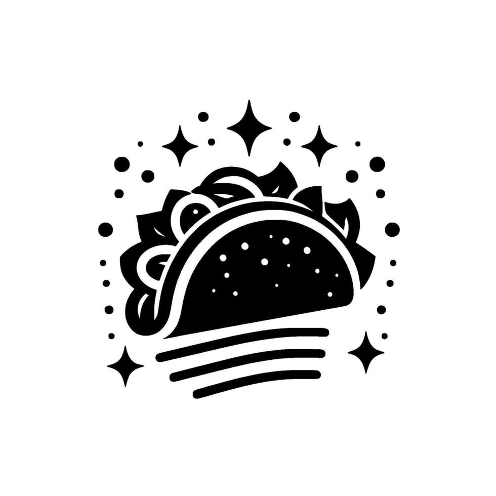 Black and White Taco Illustration with Stars and Dots, Modern Food with Simplified Layers and Festive Accents. vector