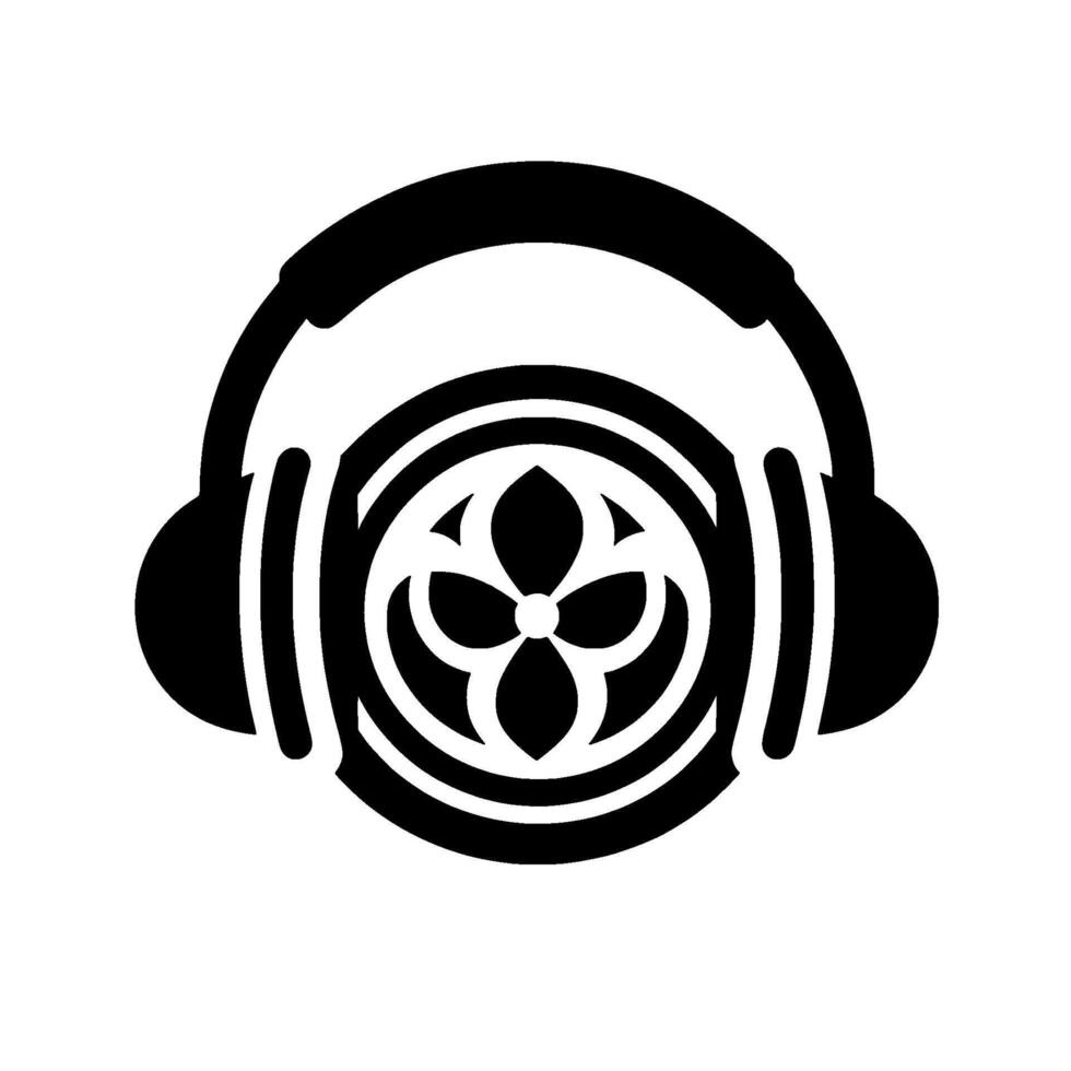 art of black headphones over a circular, ornamental, floralpatterned shape, set against a stark white backdrop. vector