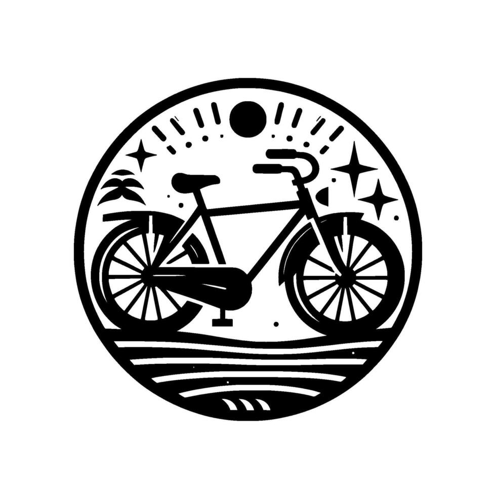 Black and White Bicycle Illustration within a Circular Nature Scene Featuring Palm, Sun, Stars and Waves. vector