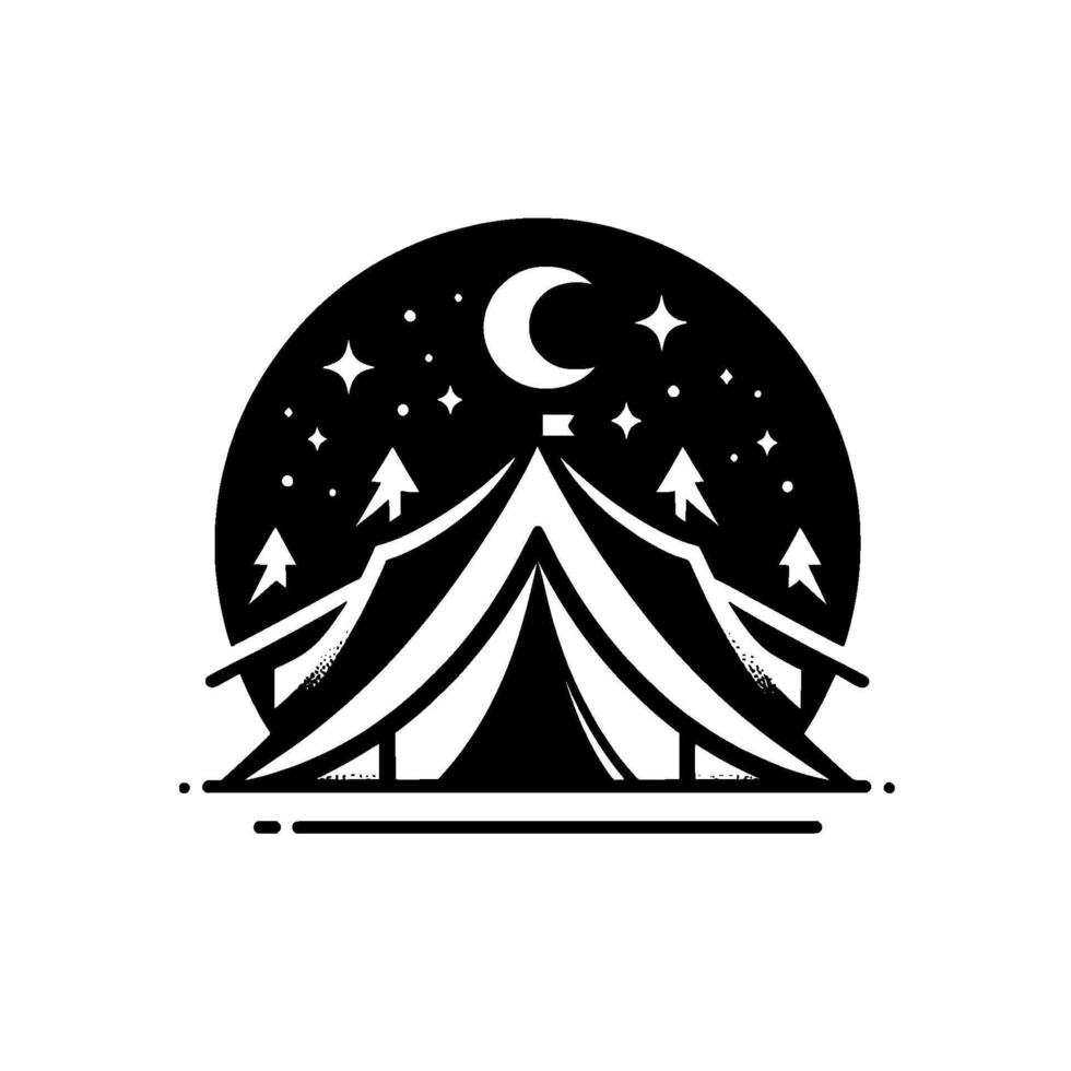 Black White Camping Illustration A tent, a crescent moon, stars, and pine trees within a circular night sky frame, evoking a sense of tranquility. vector