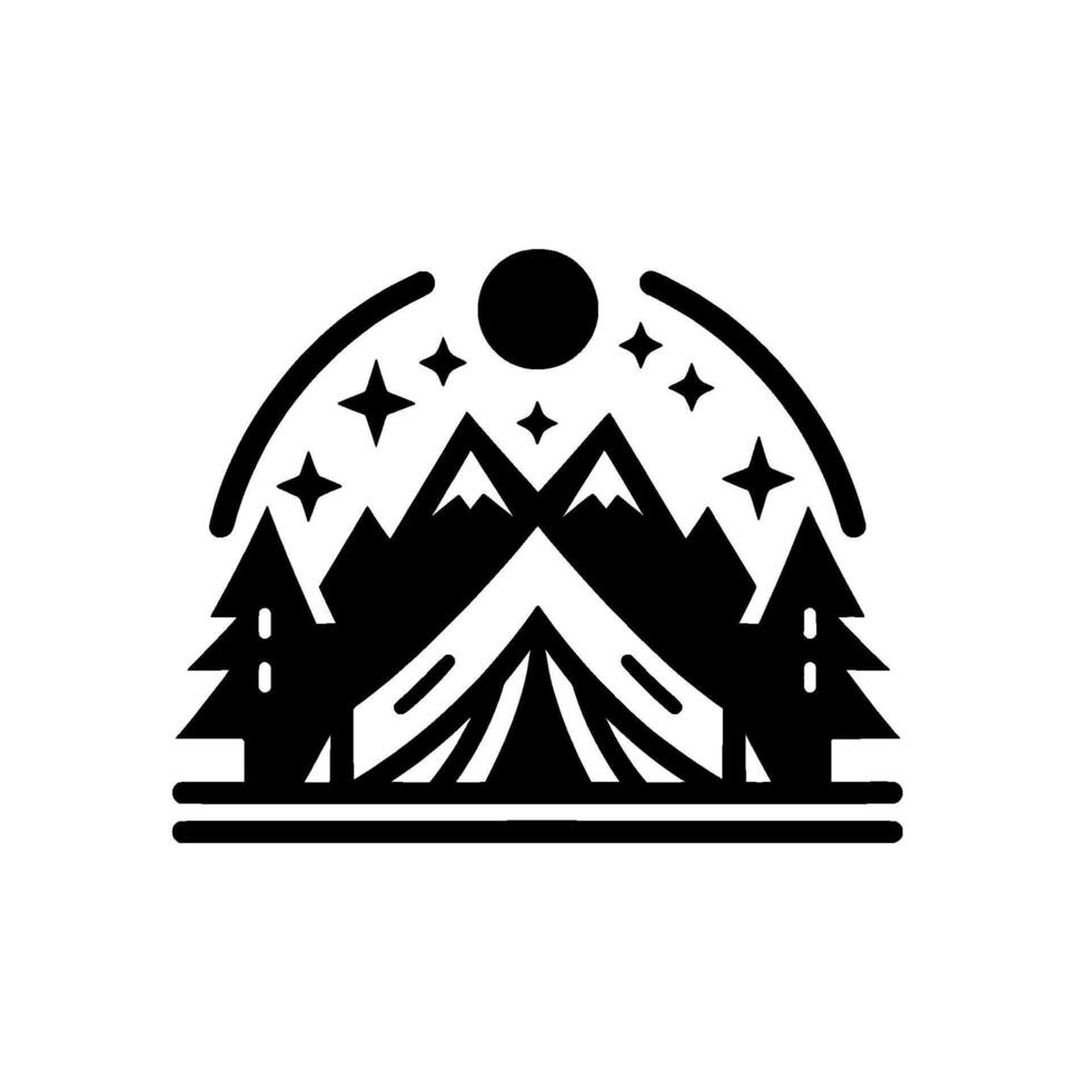 Black and white illustration of a camping scene with a tent, mountains, pine trees, a full moon, and stars. vector