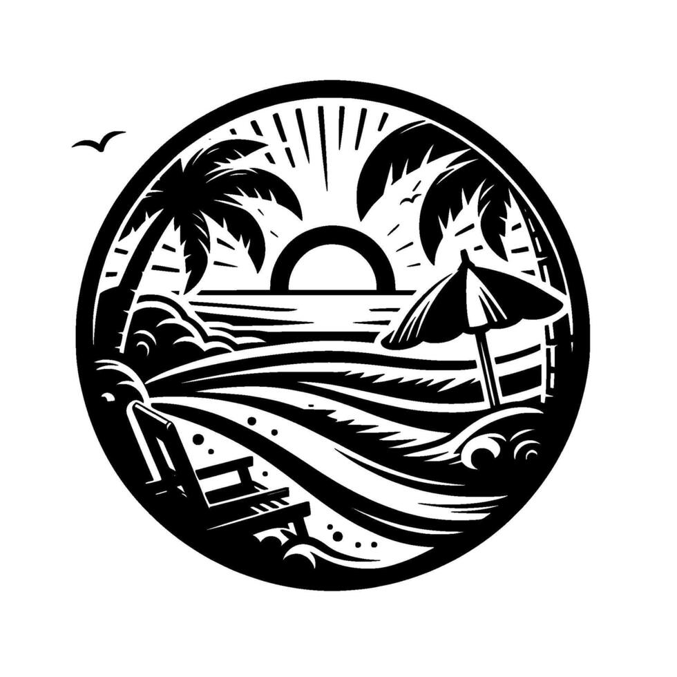 Circular, stylized blackandwhite illustration of a beach scene, featuring palm trees, waves, umbrella, chair, birds, and sunrise. vector