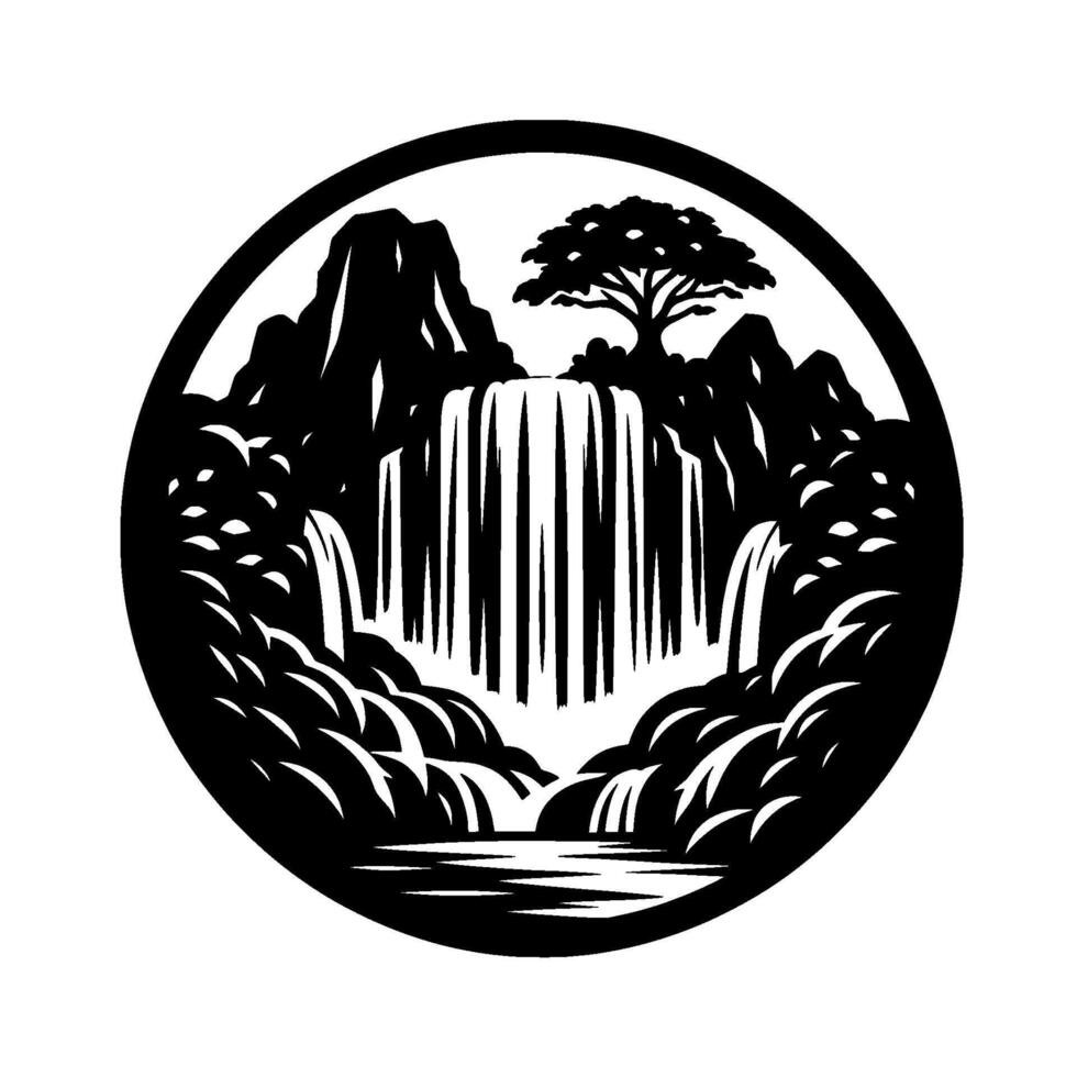Circular monochrome artwork cascading waterfall amidst rocky mountains and flourishing foliage, encircled. vector