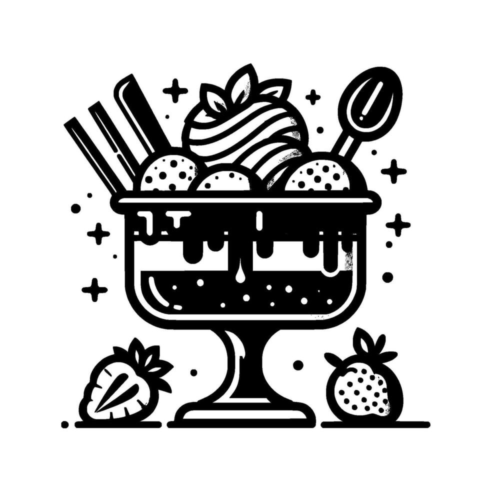 Elegant Black White Sundae Illustration Ice Cream Dessert with Strawberries, Spoon, Fork, and Decorative Elements on White. vector