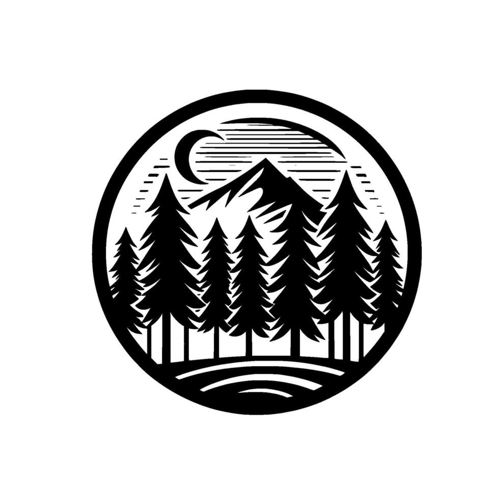 Black and white circular emblem featuring a stylized mountain range, pine forest silhouette, crescent moon, and starry night effect. vector