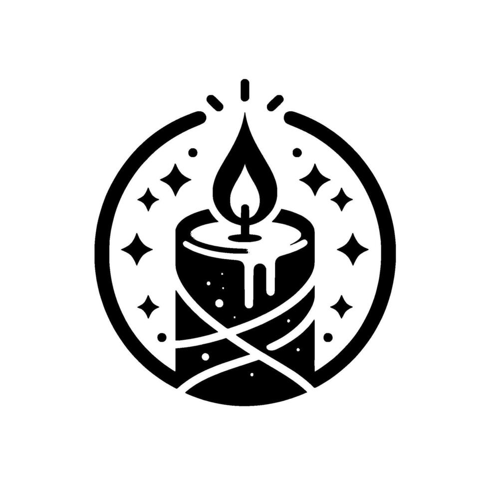 Black and White Candle with Flame, Circle, and Star Accents on a Clean White Background. vector