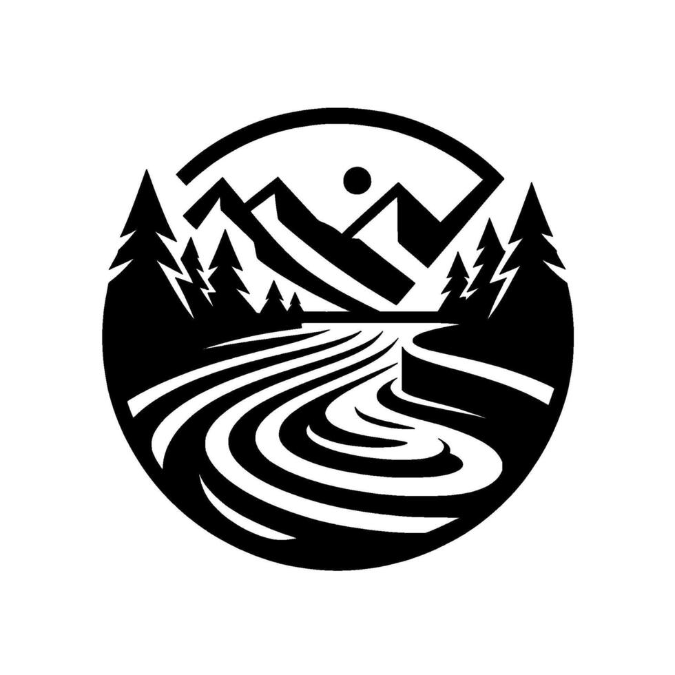 Black and white circular illustration featuring majestic mountains, a winding river, pine trees, and a sun, evoking nature and tranquility. vector