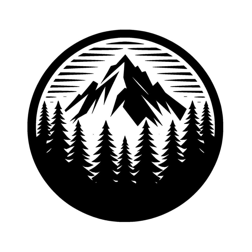 A stylized monochrome illustration featuring a jagged mountain range rising above a forest of coniferous trees, enclosed within a circular frame. vector