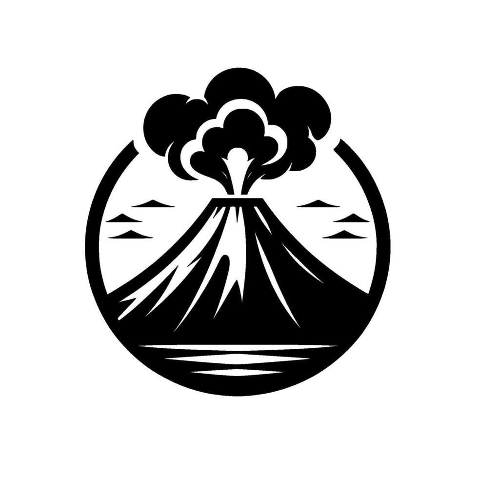 Circular Black and White Illustration of Erupting Volcano with Clouds, Water Small Islands, Symbolic Landscape vector