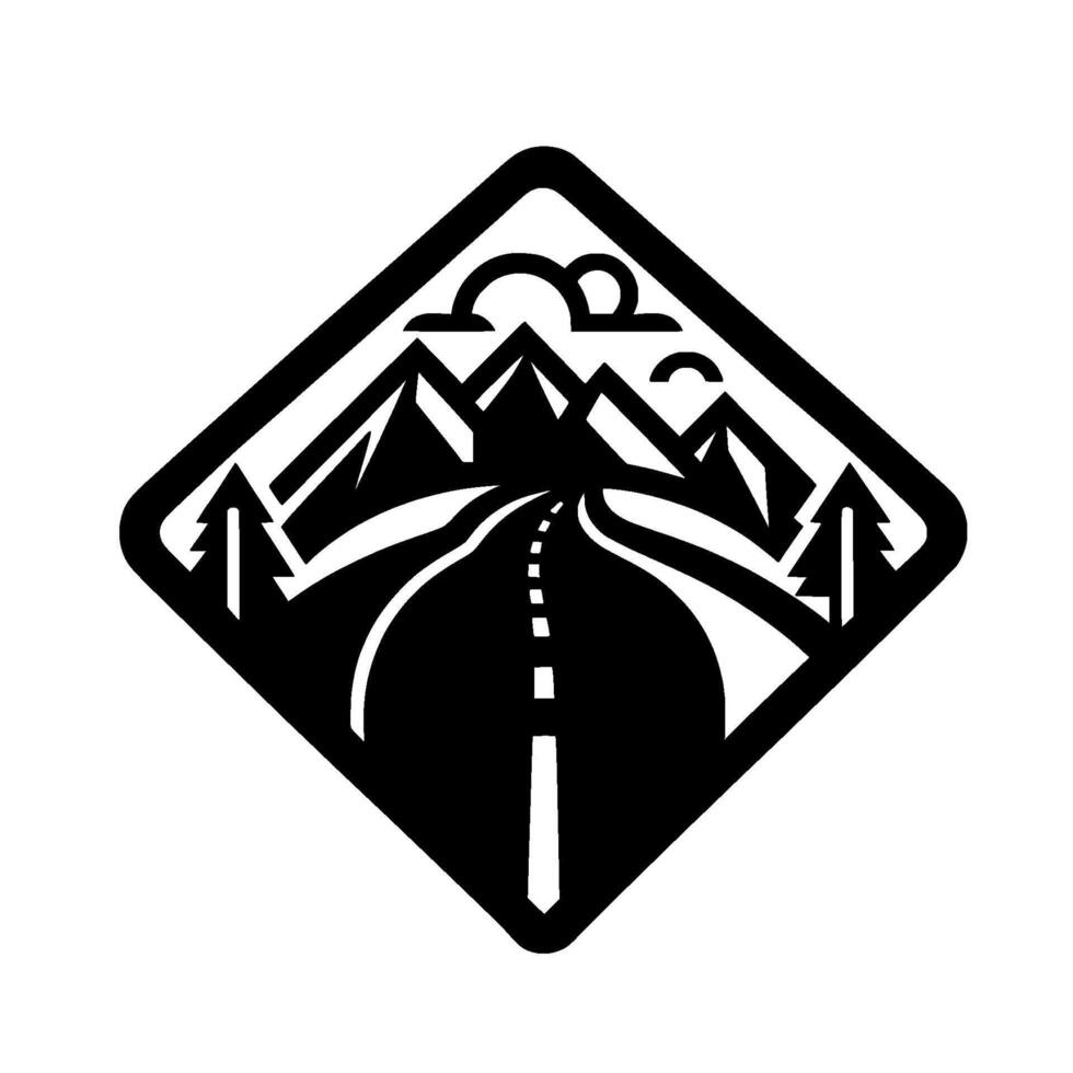 Black and white illustration of a road winding through mountains, flanked by pine trees, and a stylized sun in a diamond frame. vector