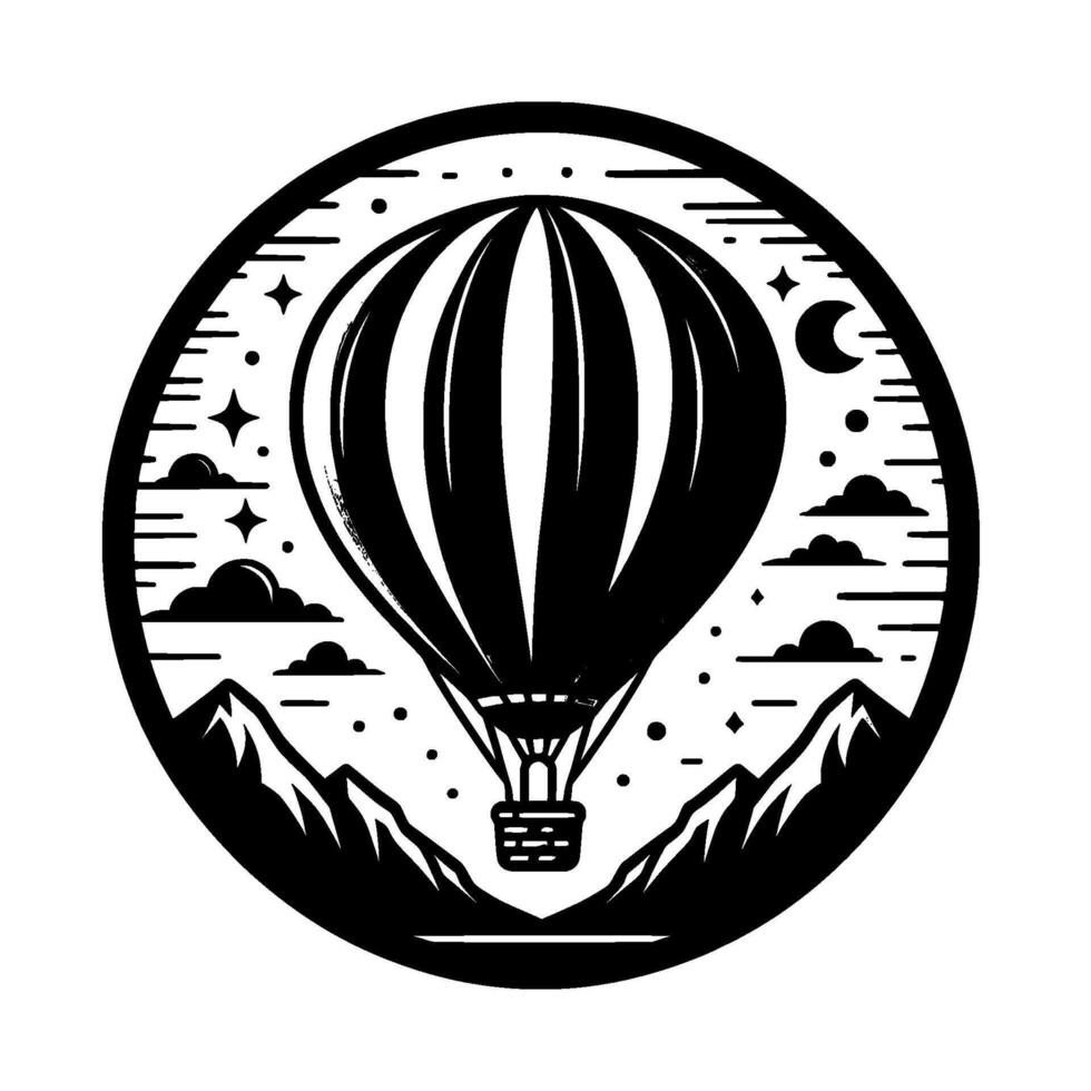 Black and White Circular Illustration of a Hot Air Balloon Over Mountain Range with Clouds, Stars, and Crescent Moon. vector