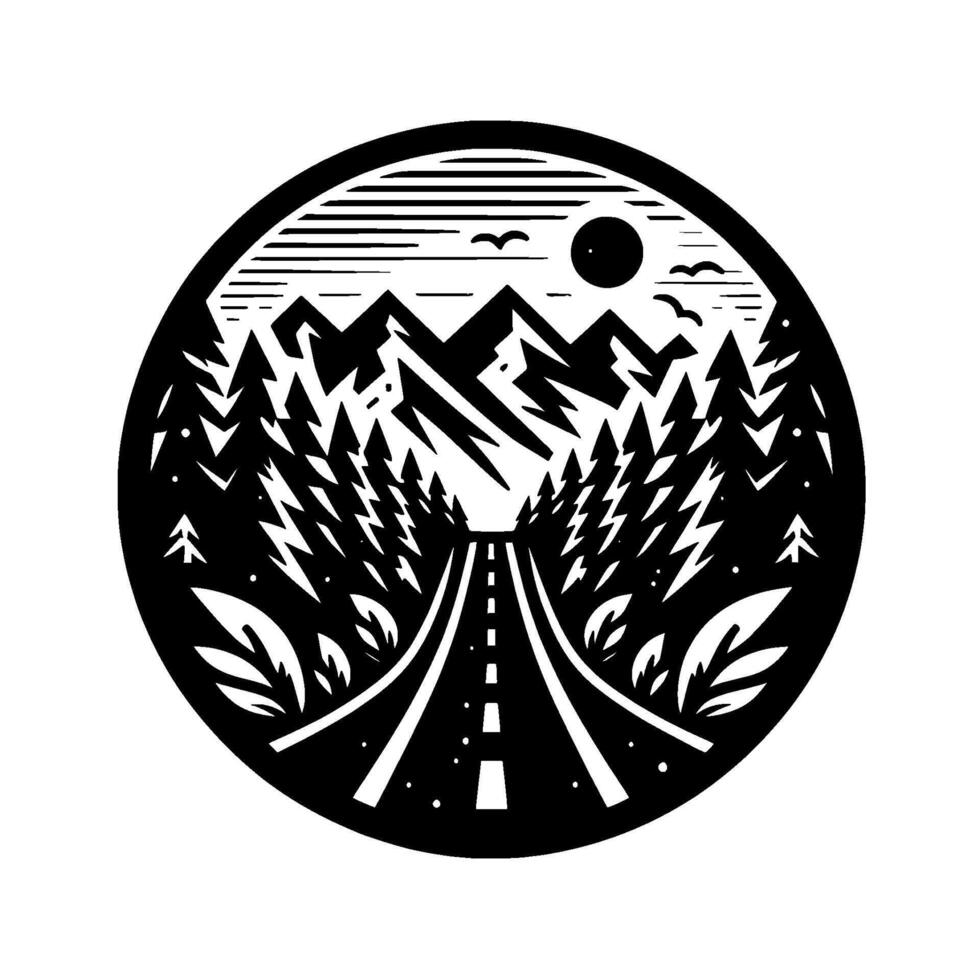 Serene black and white circular illustration a road winds through a forest, leading to mountains under a sun, evoking a sense of adventure and the open road. vector
