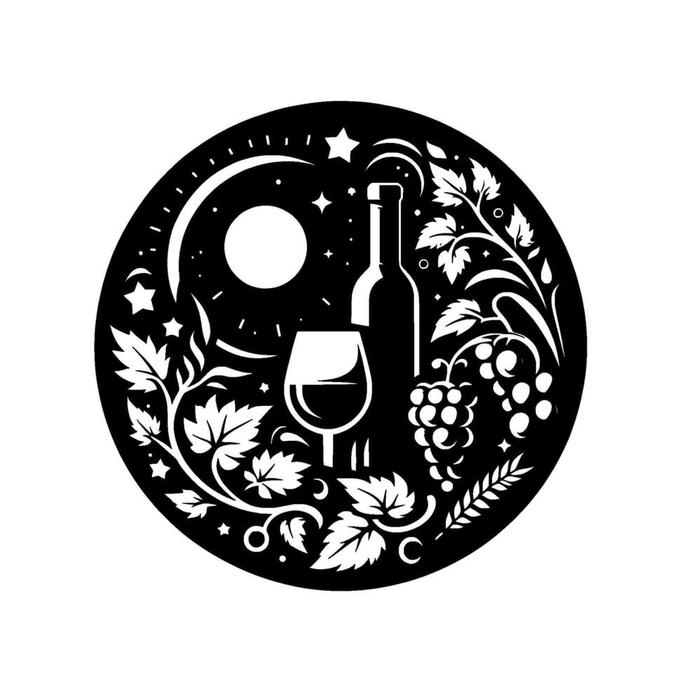 Stylized Circular Wine with Bottle, Grape, Glass, Vine, Moon, and Starry Night, Black and White. vector