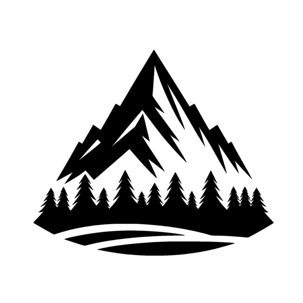 Black and White Geometric Mountain Landscape Silhouette with Forest and Rounded Base, Isolated on White Background. vector