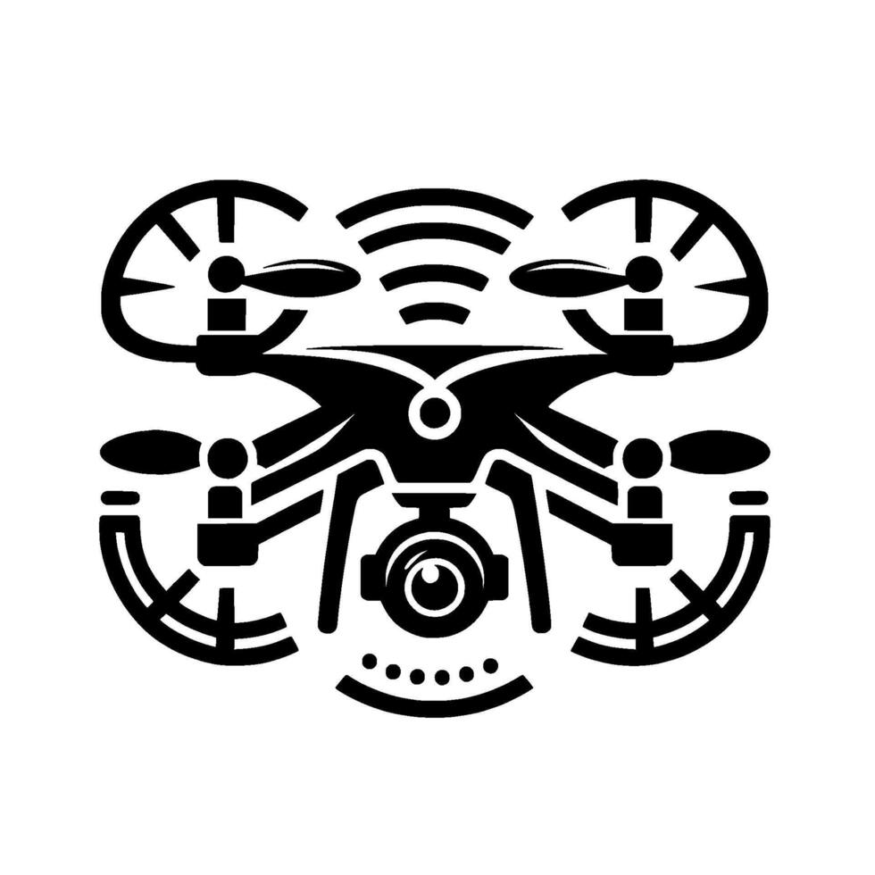 Black and White Drone Silhouette with Camera, Propellers, and Signal Radiating on White Background. vector