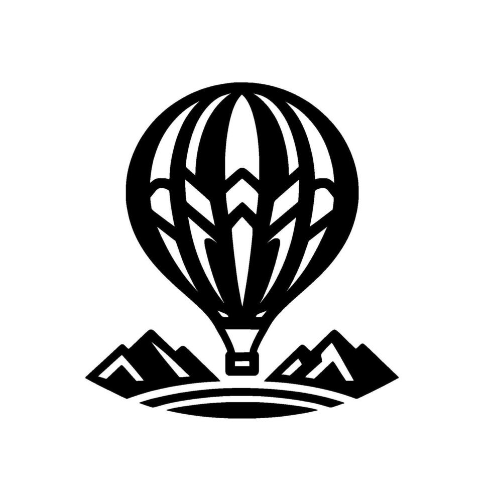 Black and White Silhouette of a Hot Air Balloon Floating Above Mountain Peaks Minimalist Adventure Emblem vector