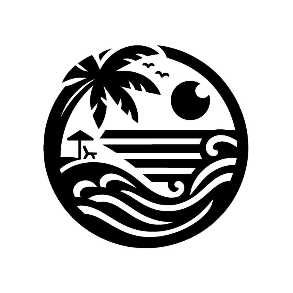 A monochrome circular depicting a tropical beach scene with palm tree, sun, waves, parasol, and birds. vector
