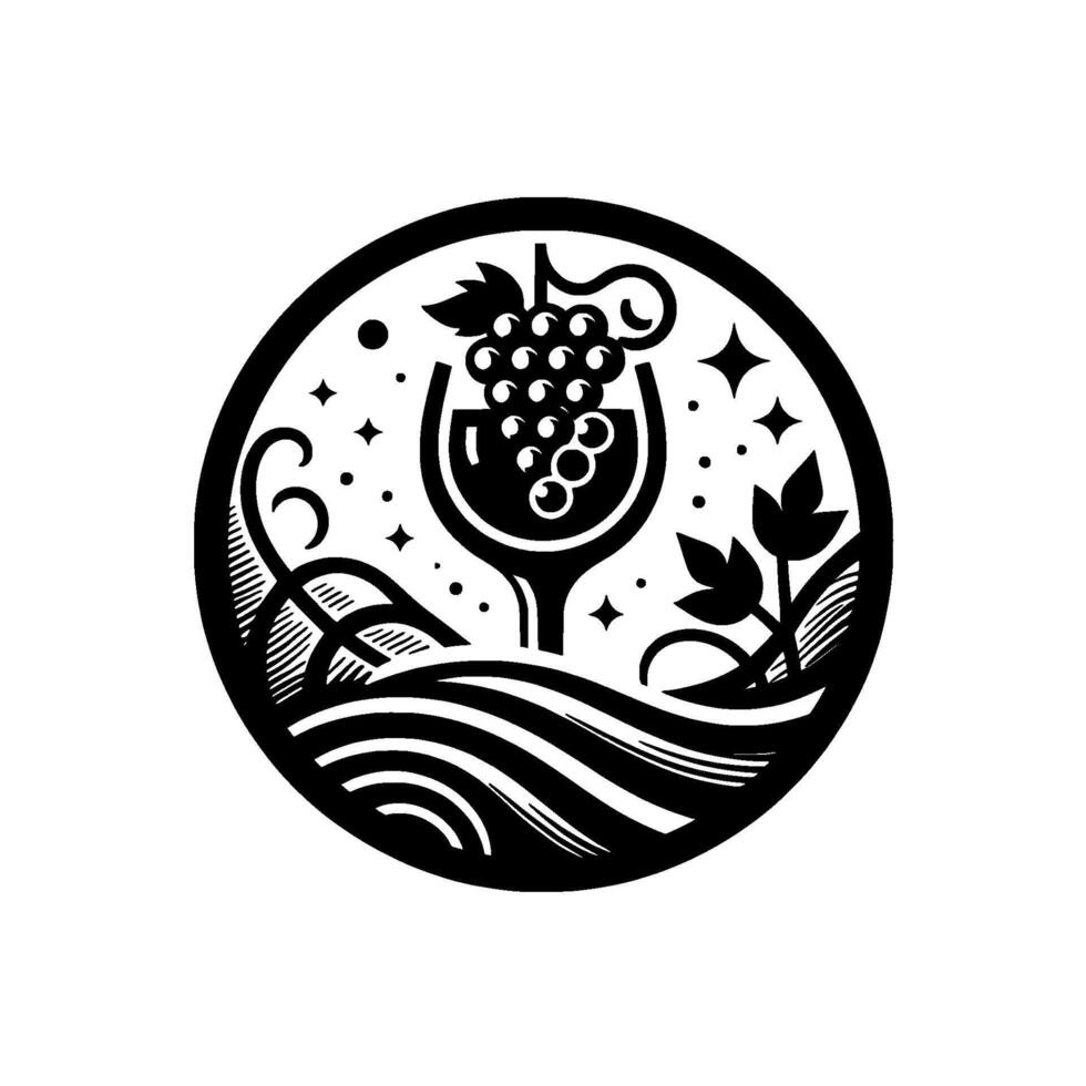 Elegant Circular Wine Grapefilled Glass, Vine Tendrils, Water Waves, and Celestial Elements, Black White . vector