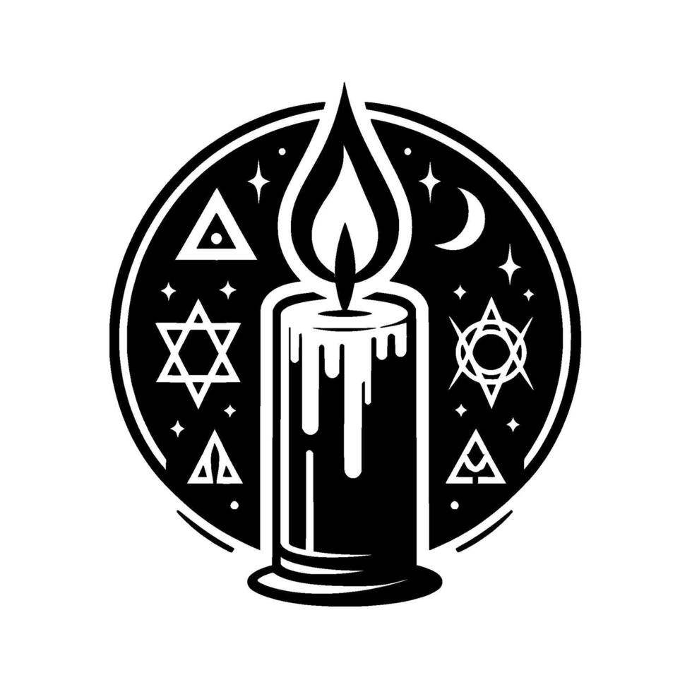 A stylized black and white candle illustration within a circular frame, featuring stars, crescent moon, and sacred geometric shapes. vector
