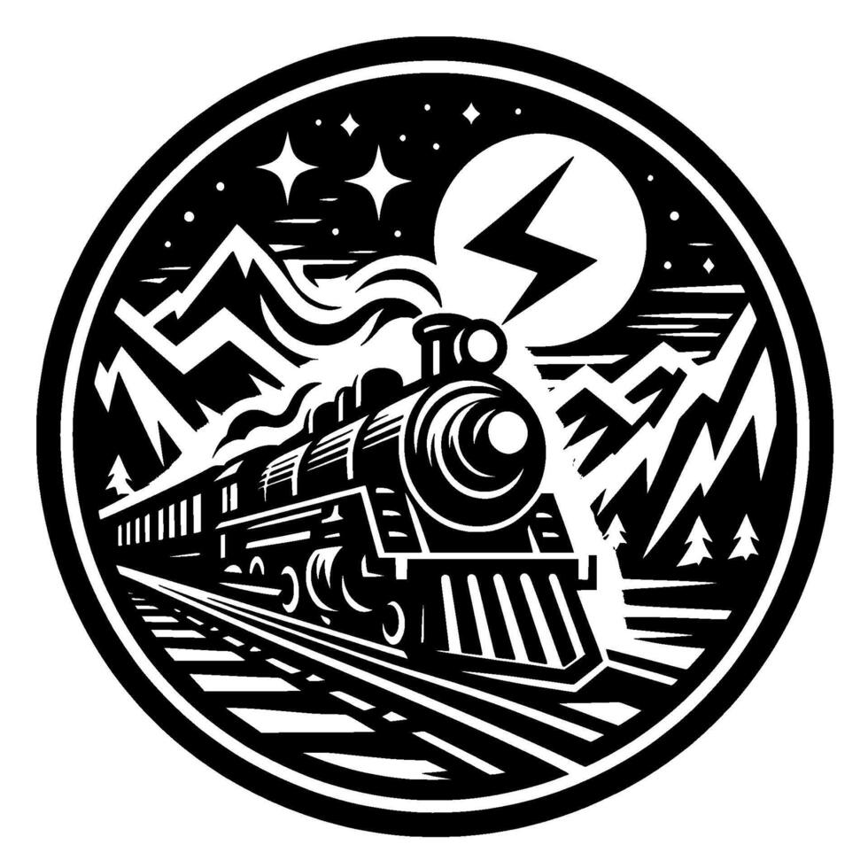 Stylized Black and White Circular Illustration of a Train Journeying Through a Mountainous Night Landscape, Illuminated by a Bolt. vector