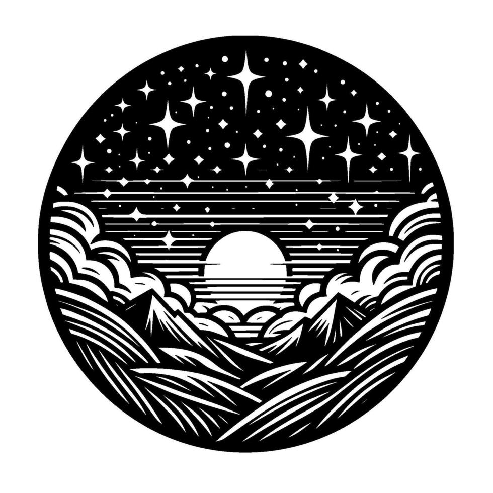 Intricate Circle Art Black White Celestial Landscape with Mountains, Clouds, and Stars Reflecting in a Serene Horizon. vector