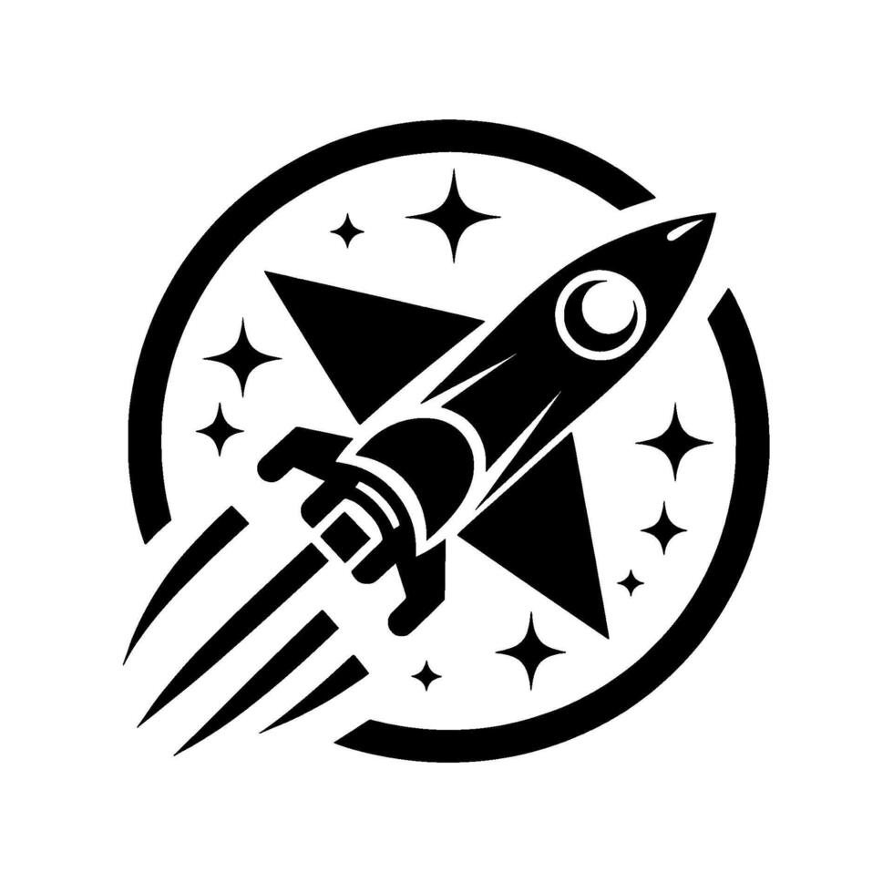 Black and white illustration of a rocket blasting through space, framed by a circle and stars, symbolizing innovation and adventure. vector