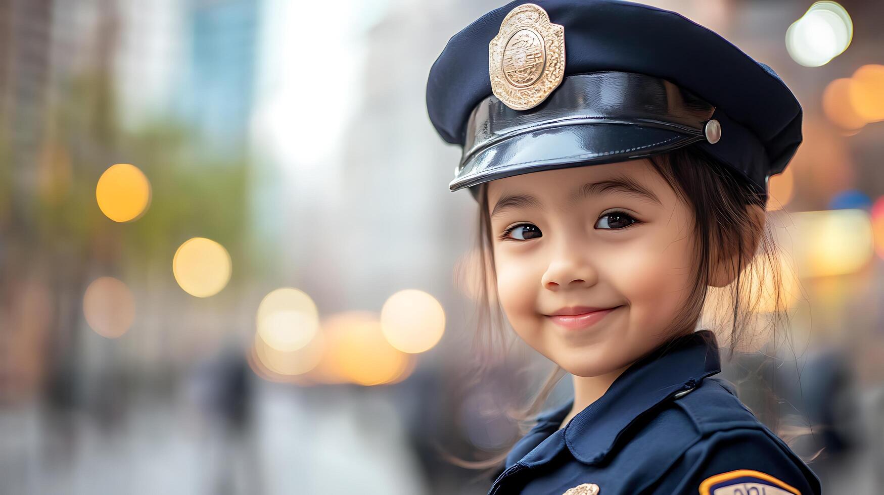 Young girl dressed in a police uniform with a cute smile embodying law enforcement in an urban setting symbolizing hope and future photo