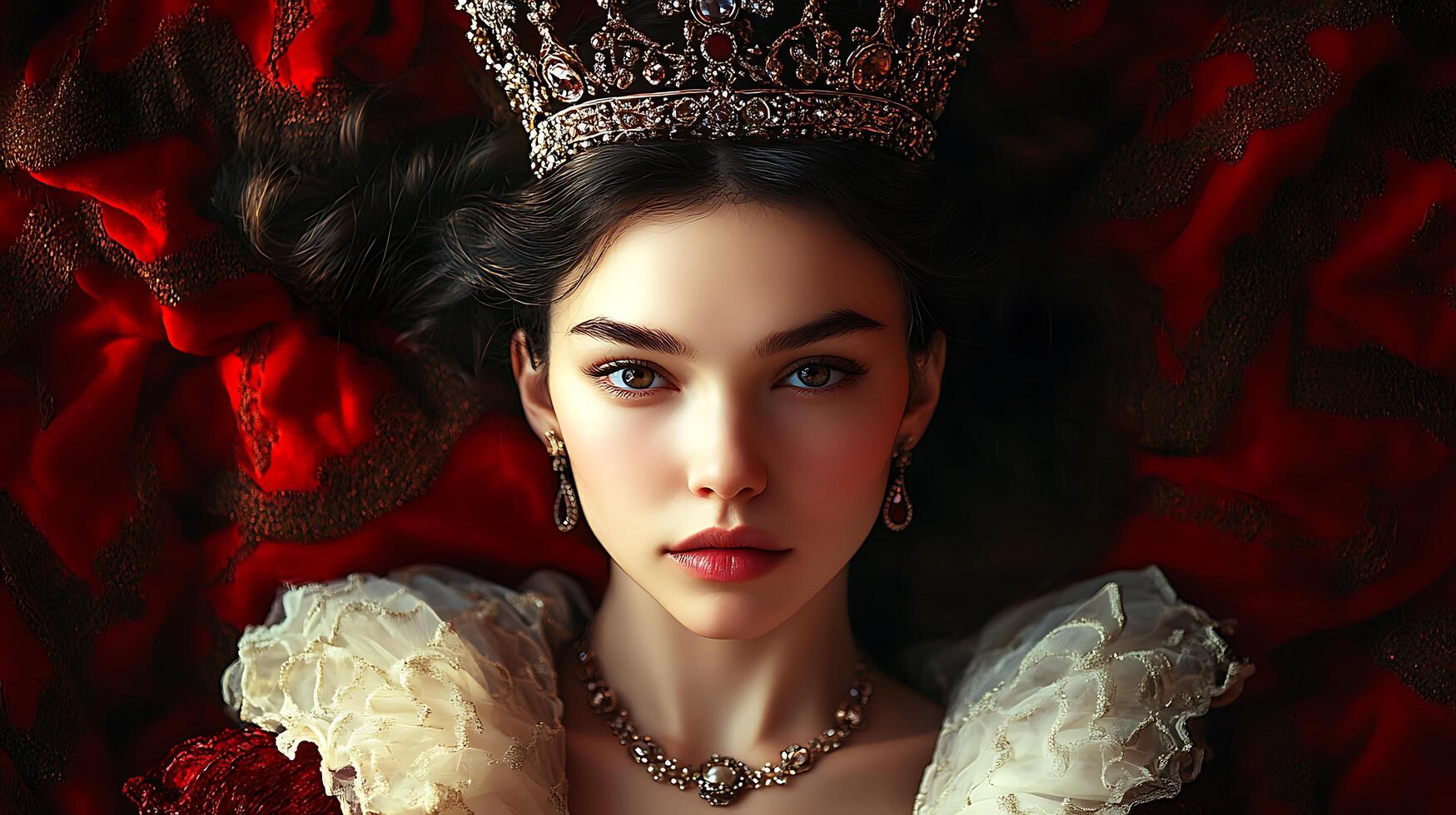 A woman with dark hair fair skin and a crown and necklace is lying on a red sheet The woman has her head tilted forward photo