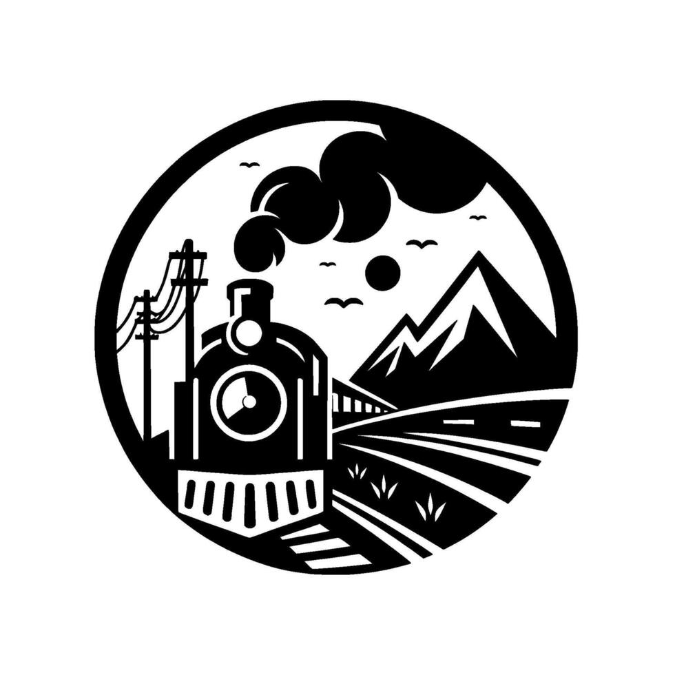 A circular black and white illustration of a classic steam train with mountain landscape and railway tracks. vector