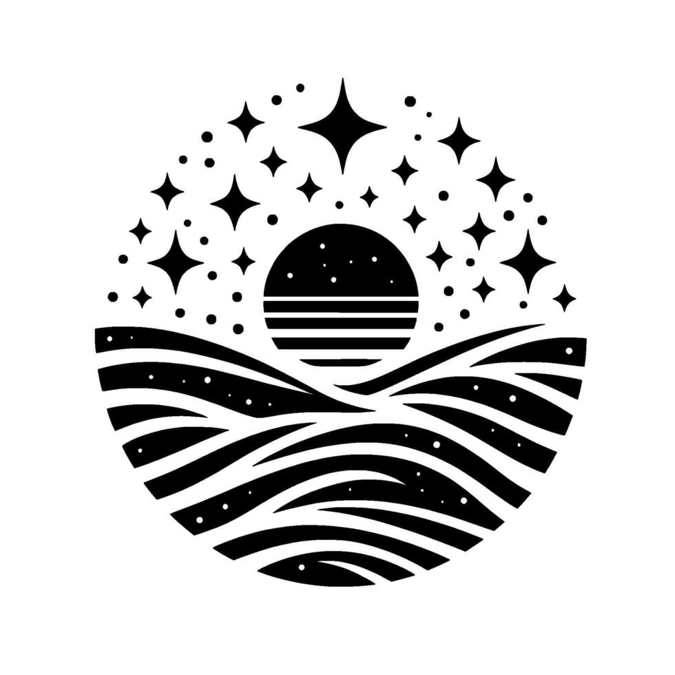 Black and White Minimalist Celestial Scene Sun Over Waves Under a Starry Night Sky, Circular Composition. vector