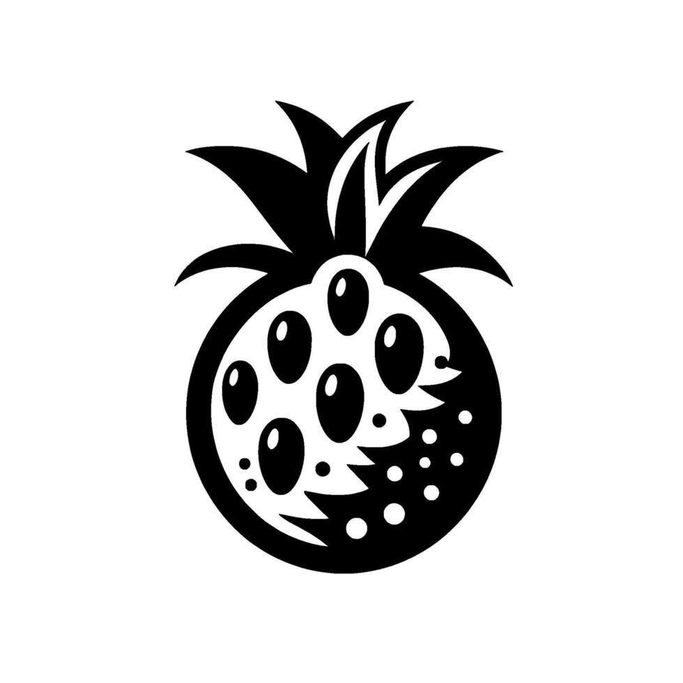 Bold Black and White Pineapple Illustration with Stylized Foliage, Smooth OvalShaped Segments, and Dotted Details on a White Backdrop vector