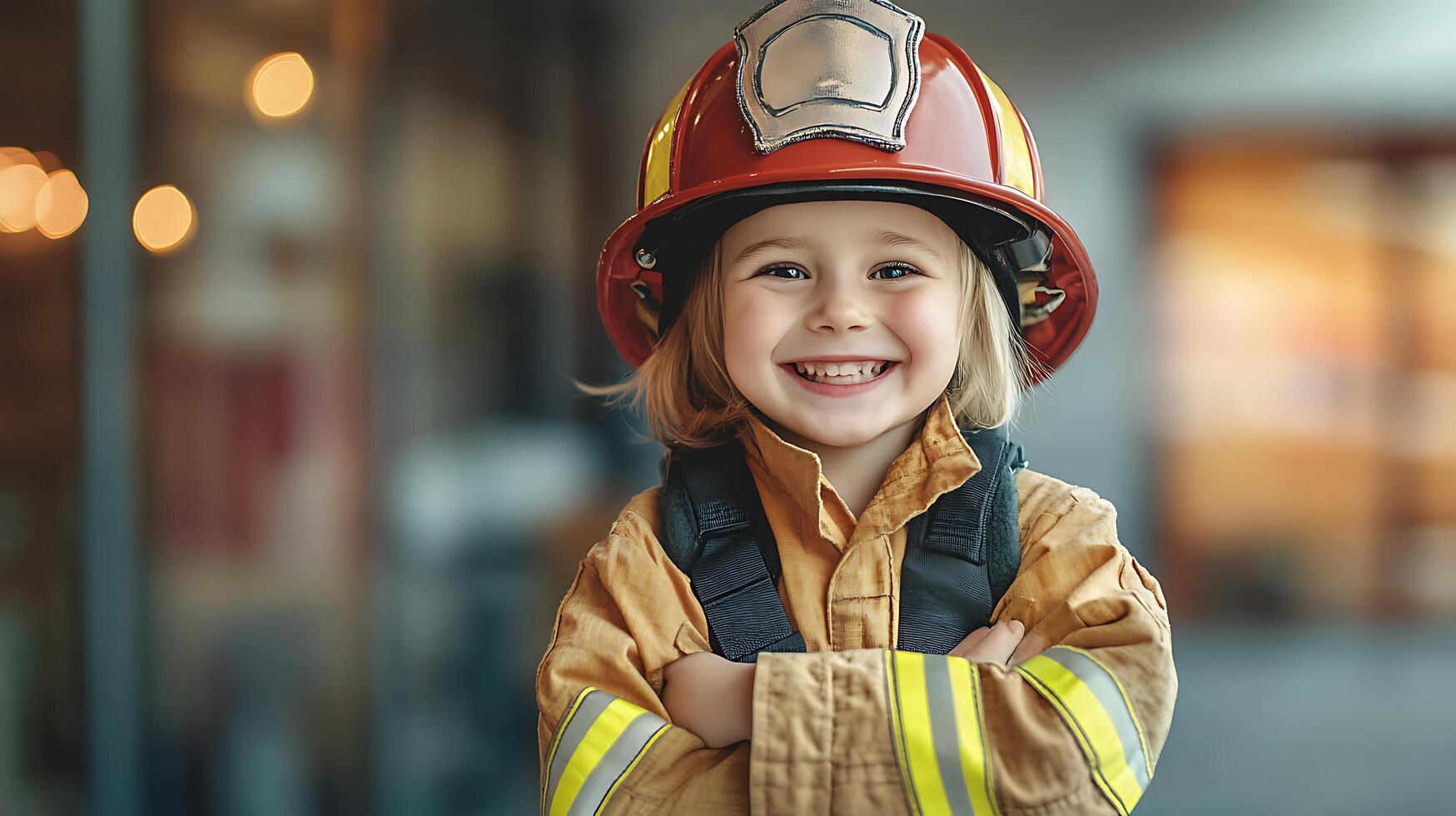 Adorable young girl dressed as a firefighter smiling confidently with arms crossed and wearing a helmet and uniform photo