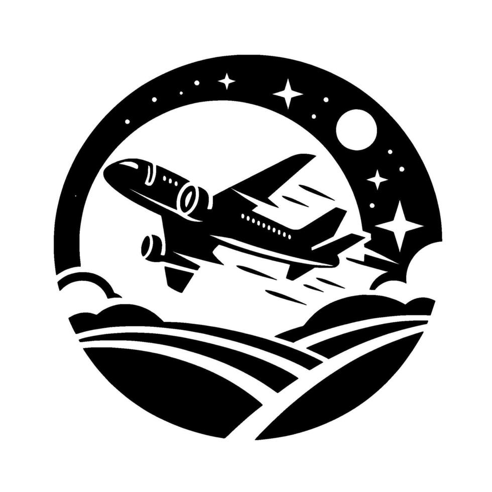 Black and White Silhouette of an Airplane Soaring Through Night Sky Over Rolling Hills, Enclosed in a Circle. vector
