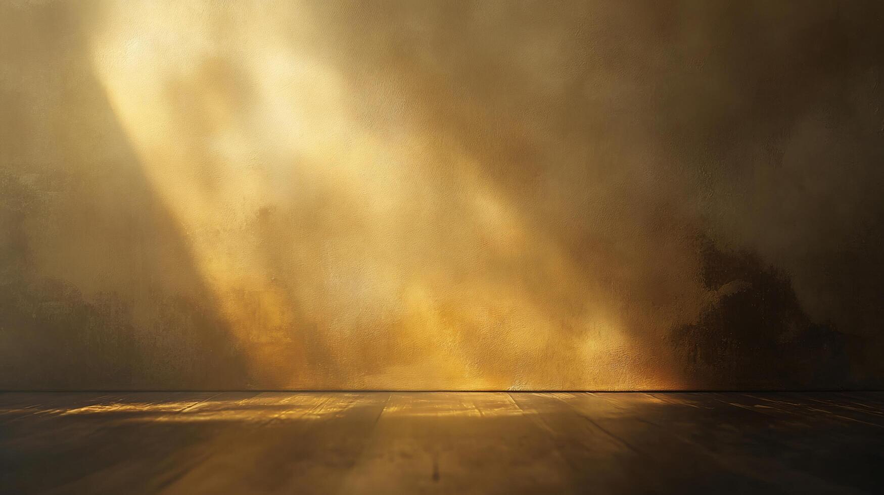 A room with a gold wall and a wooden floor photo