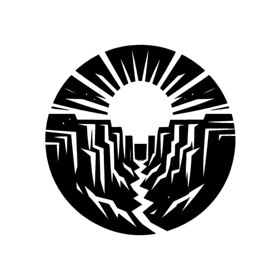 Geometric, circular, black and white illustration of a canyon with a radiant sunburst and a crevice, creating dramatic visual contrast. vector