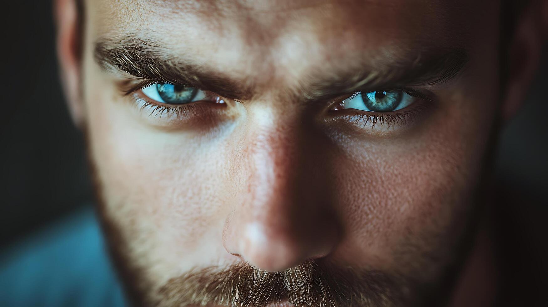 Intense blue eyes staring ahead captured in a dramatic close-up The man's gaze is piercing and serious creating a strong visual impact photo