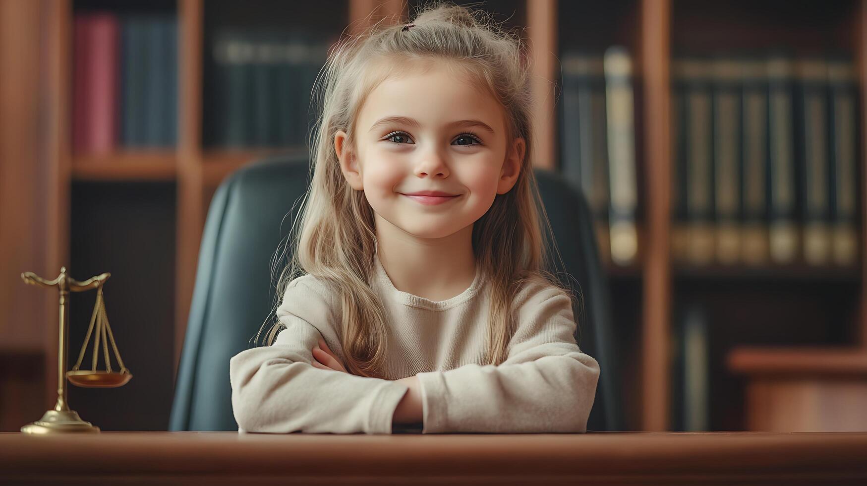 Young girl smiles confidently at a wooden desk with scales of justice suggesting a future professional or academic pursuit photo